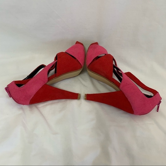 Liliana Red suede red pink straps hidden platform heel sandals duo tone peep toe - Picture 15 of 16